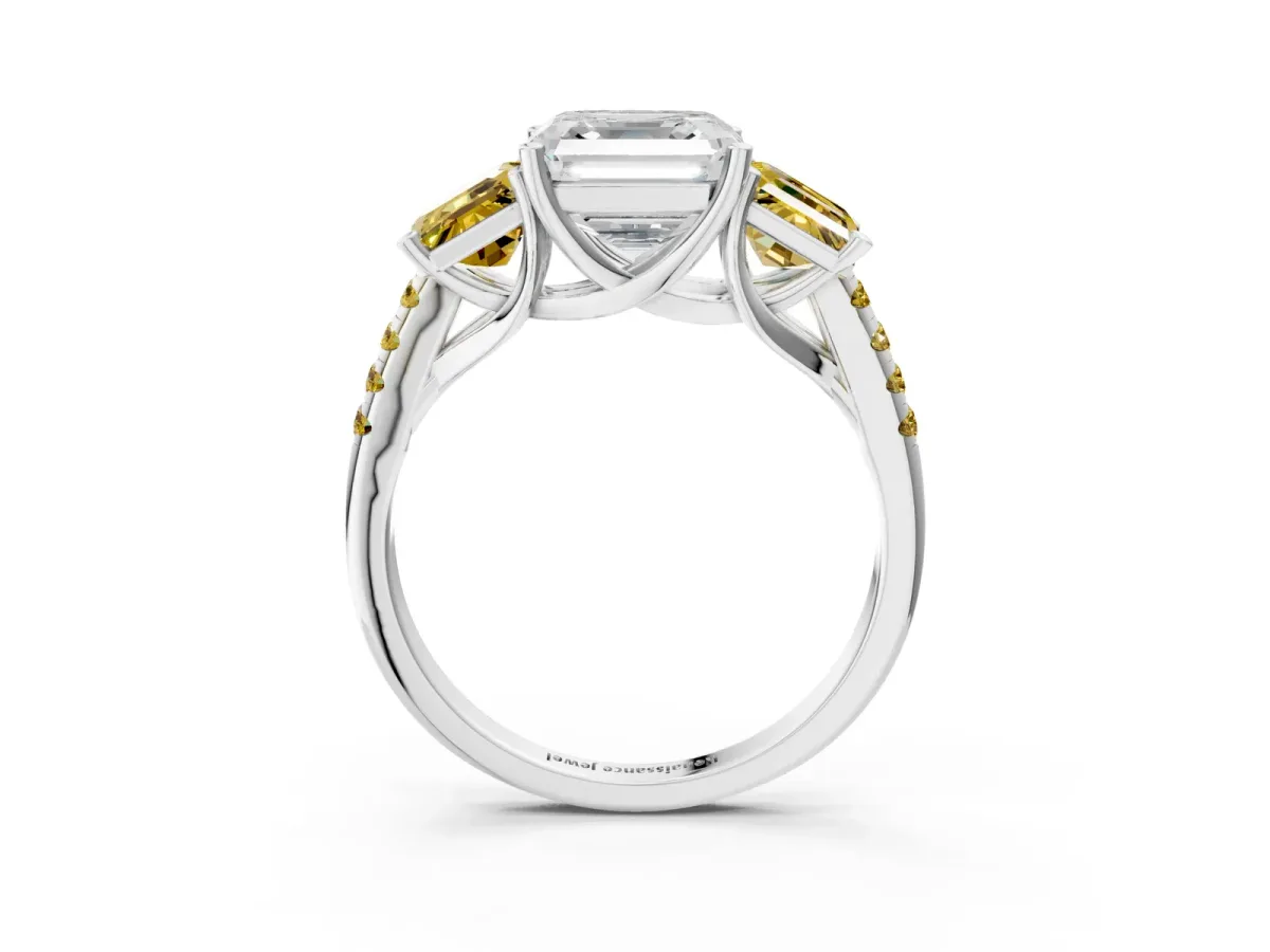 Three-Stone Asscher Cut Diamond Ring with Round Yellow Sapphire Pavé Band and Prong Setting Silver