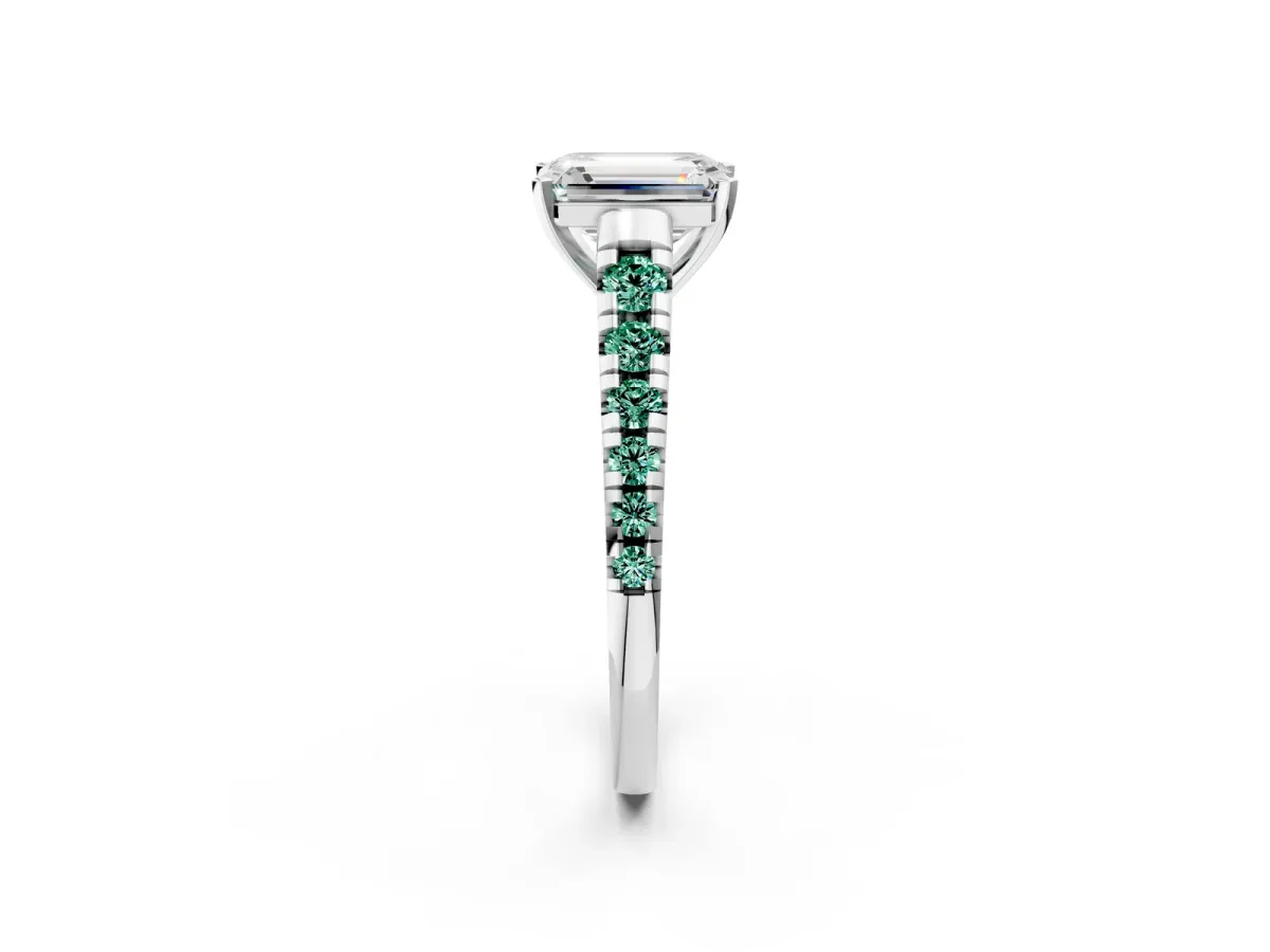 Emerald Cut Diamond Cathedral Solitaire Ring with Round Green Sapphire Pavé Band Silver