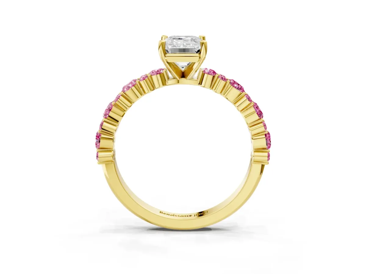 Emerald Cut Diamond Side Stone Solitaire Ring with Round Pink Sapphire and Four-Prong Setting Yellow gold
