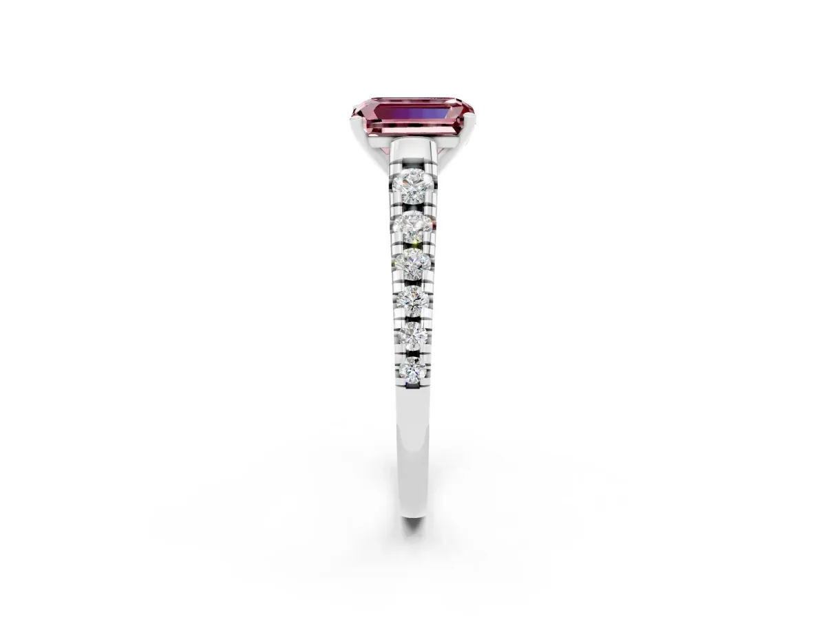Emerald Cut Morganite Cathedral Solitaire Ring with Round Pavé Band Platinum