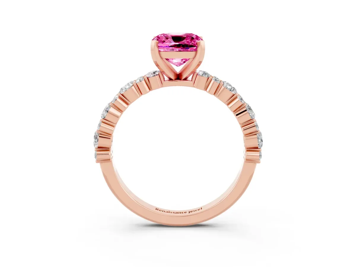 Cushion Cut Pink Sapphire Side Stone Solitaire Ring with Round and Four-Prong Setting Rose gold