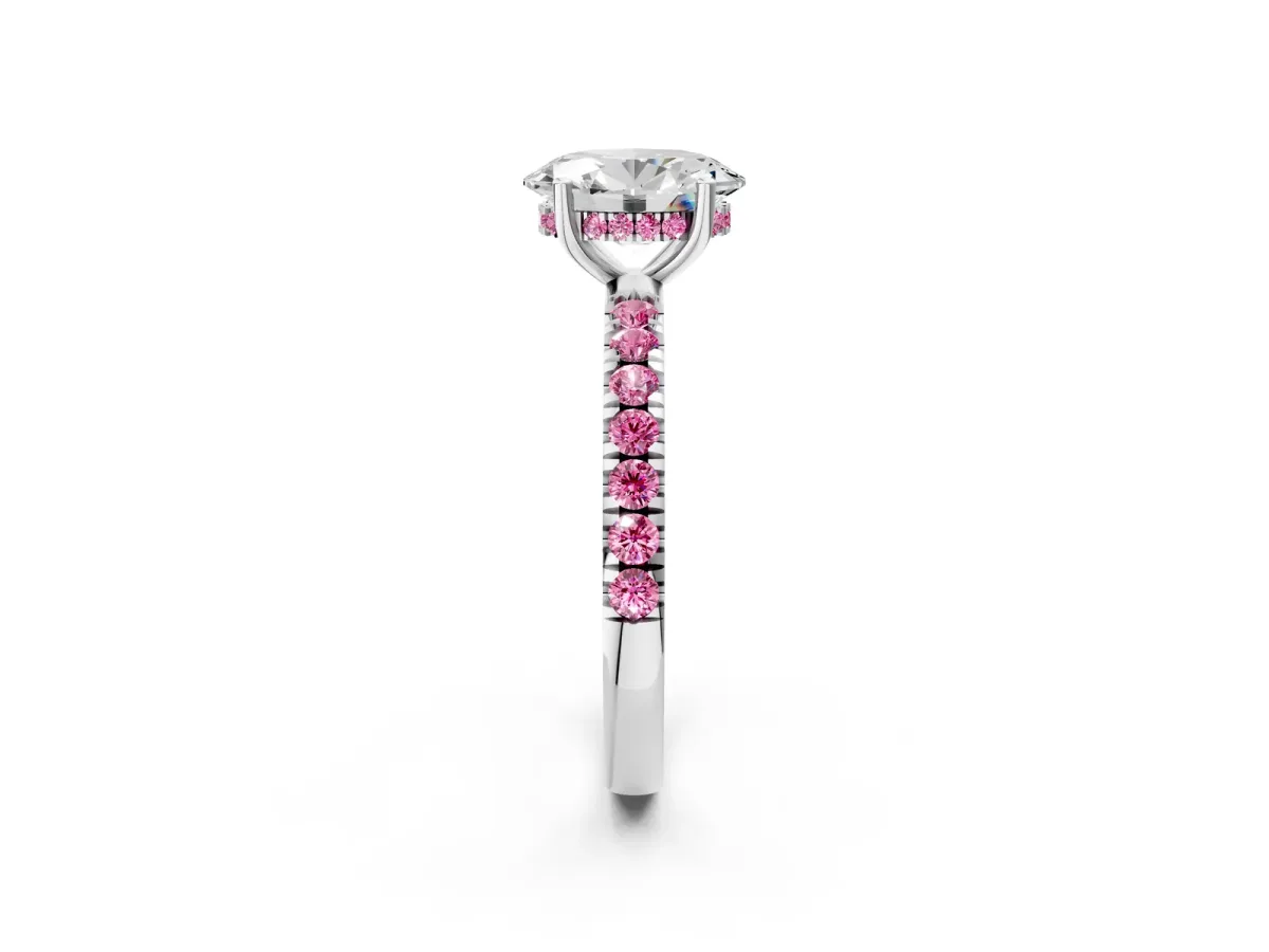 Oval Cut Diamond Pave Band Solitaire Ring with Round Pink Sapphire and Prong Setting Platinum