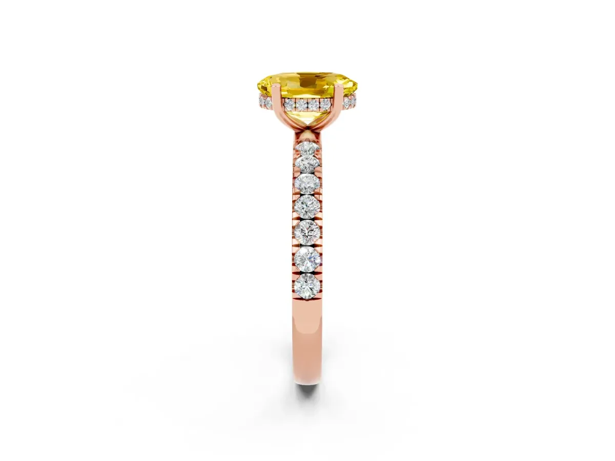 Oval Cut Yellow Sapphire Pave Band Solitaire Ring with Round and Prong Setting Rose gold