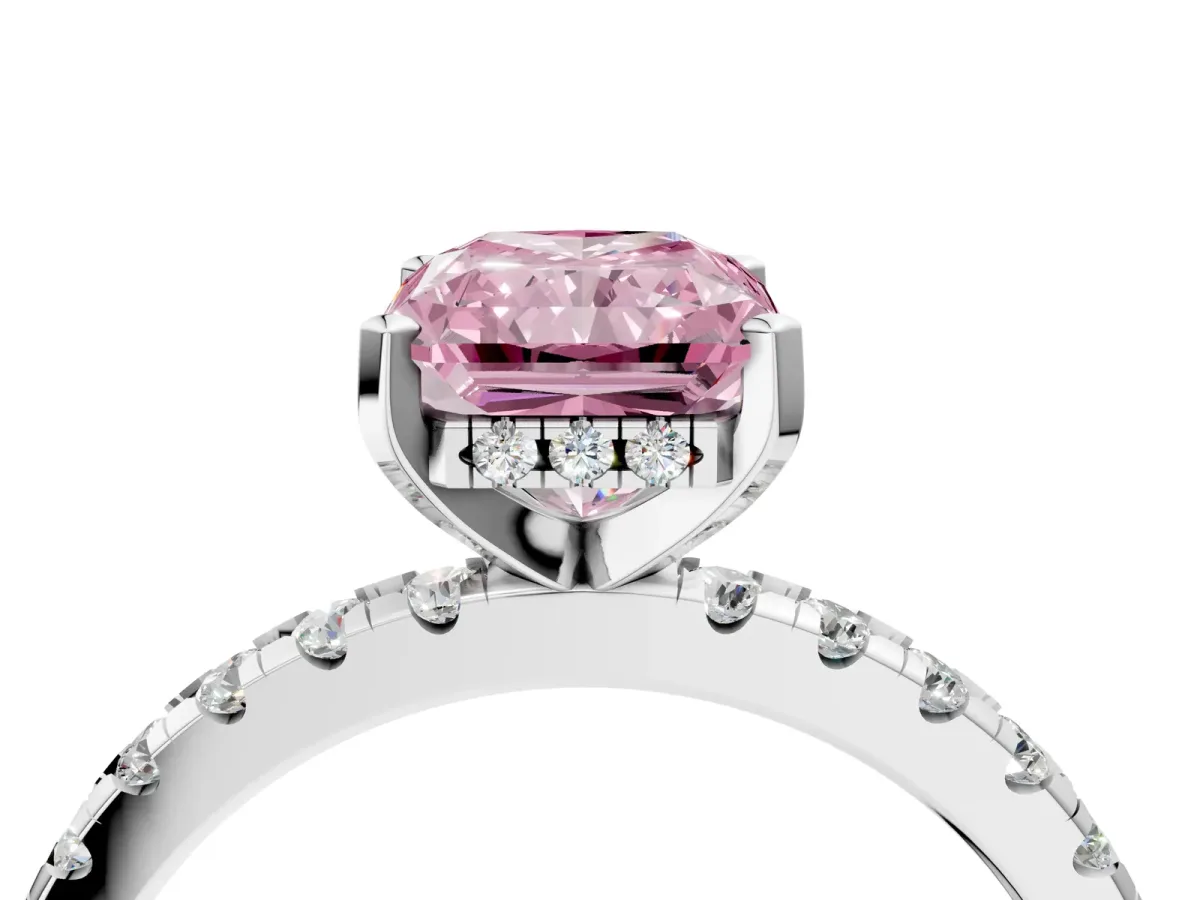 Fancy Pink Radiant Cut Diamond Solitaire Ring with Round Pavé Band and Four-Prong Setting Platinum