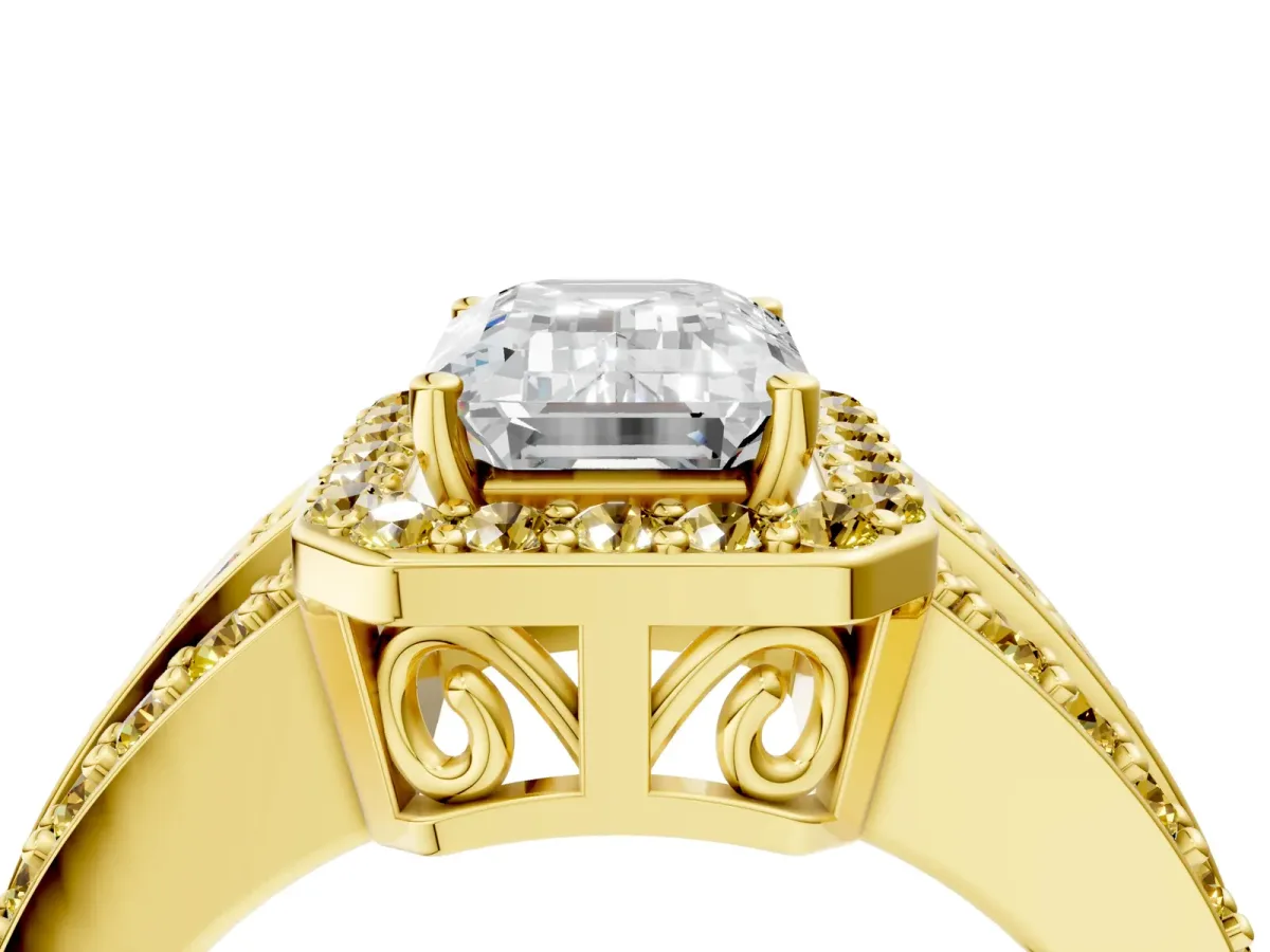 Emerald Cut Halo Diamond Ring with Round Yellow Sapphire Split Shank and Prong Setting Yellow gold