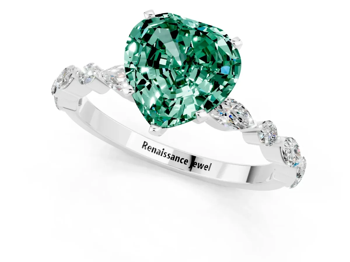 Heart Cut Green Sapphire Ring with Marquise and Round Side Stones and Four-Prong Setting Platinum