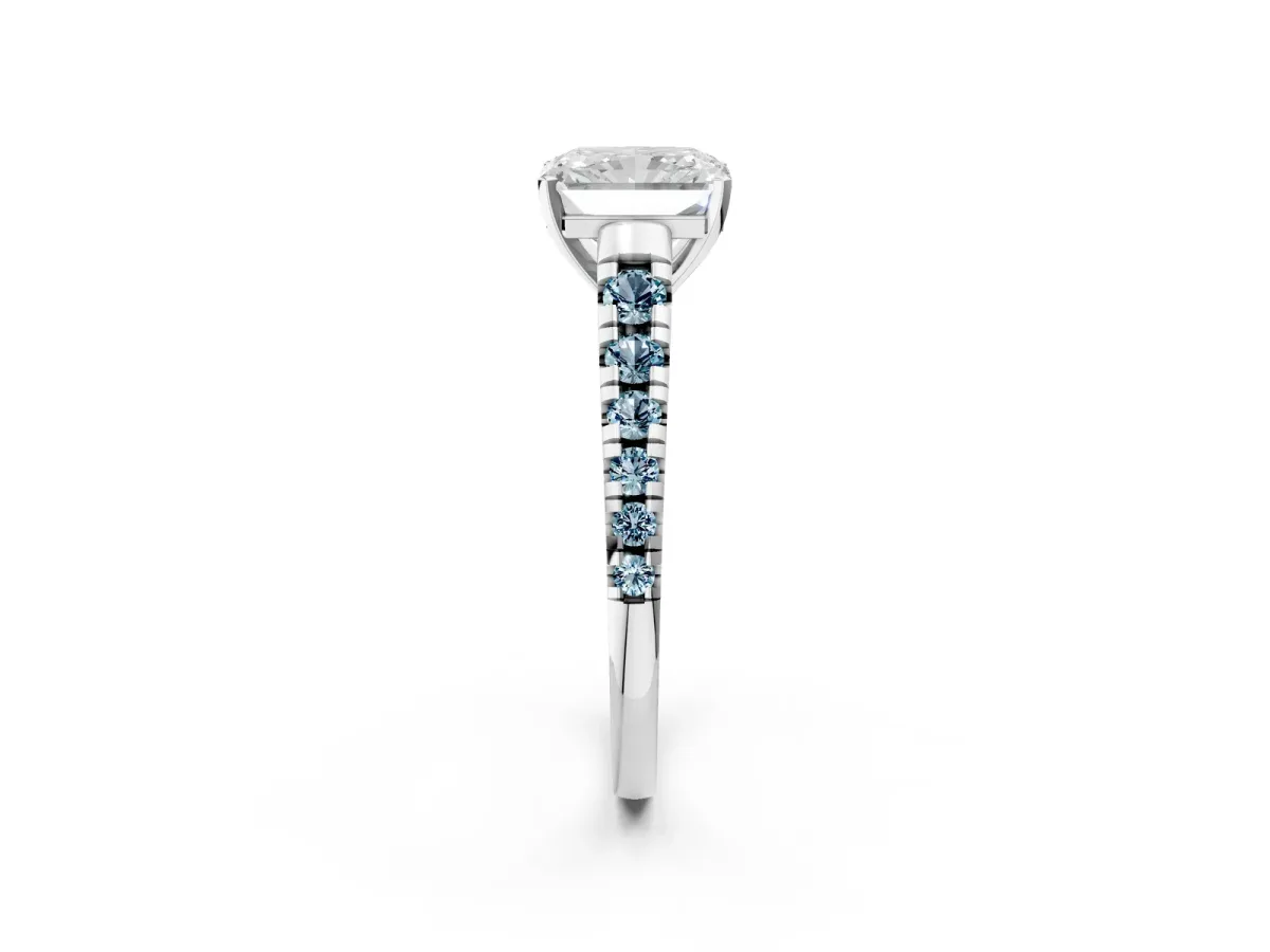 Radiant Cut Diamond Cathedral Solitaire Ring with Round Aquamarine Pavé Band Silver