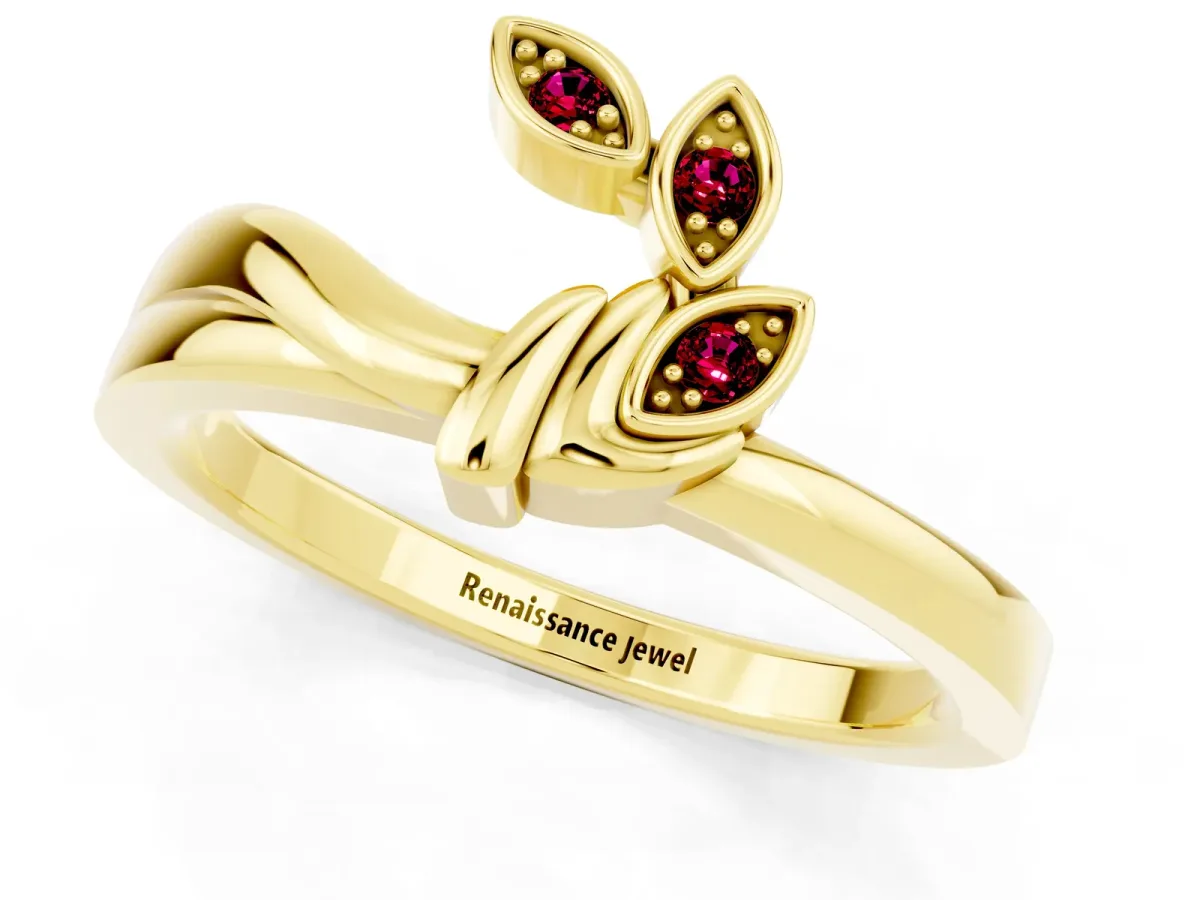 Three-Stone Round Garnet Leaf Bypass Ring with Bezel Setting Yellow gold