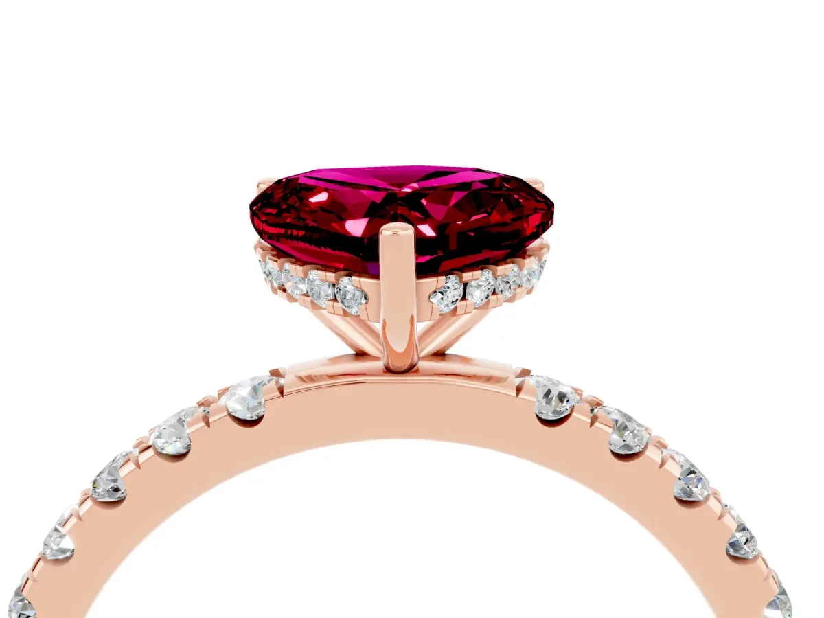 Heart Cut Garnet Pave Band Solitaire Ring with Round and Prong Setting Rose gold