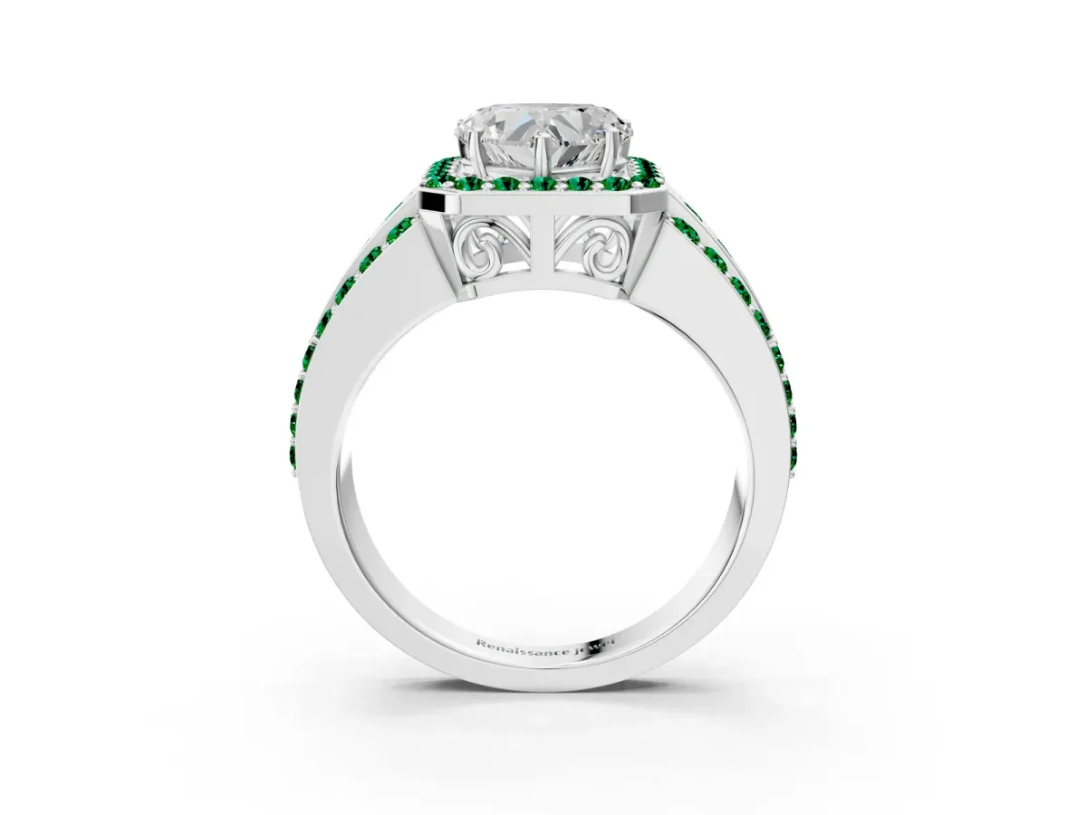 Heart Cut Halo Diamond Ring with Round Emerald Split Shank and Prong Setting Silver