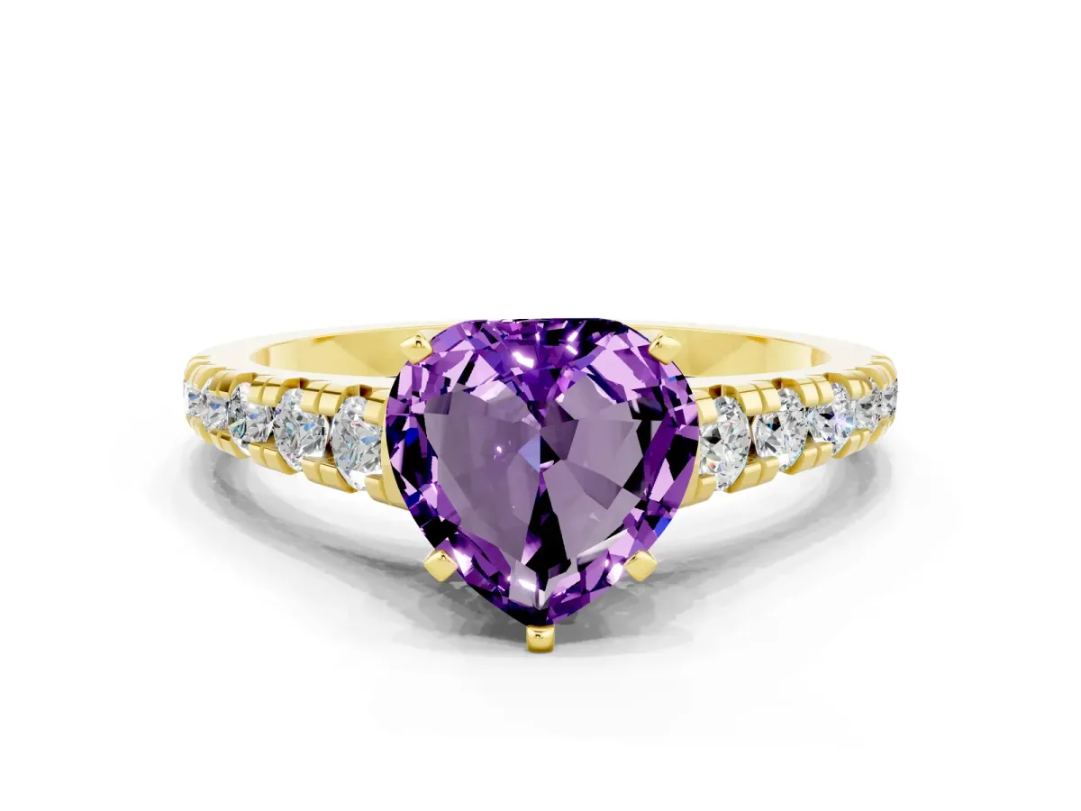 Heart Cut Amethyst Cathedral Solitaire Ring with Round Pavé Band Yellow gold