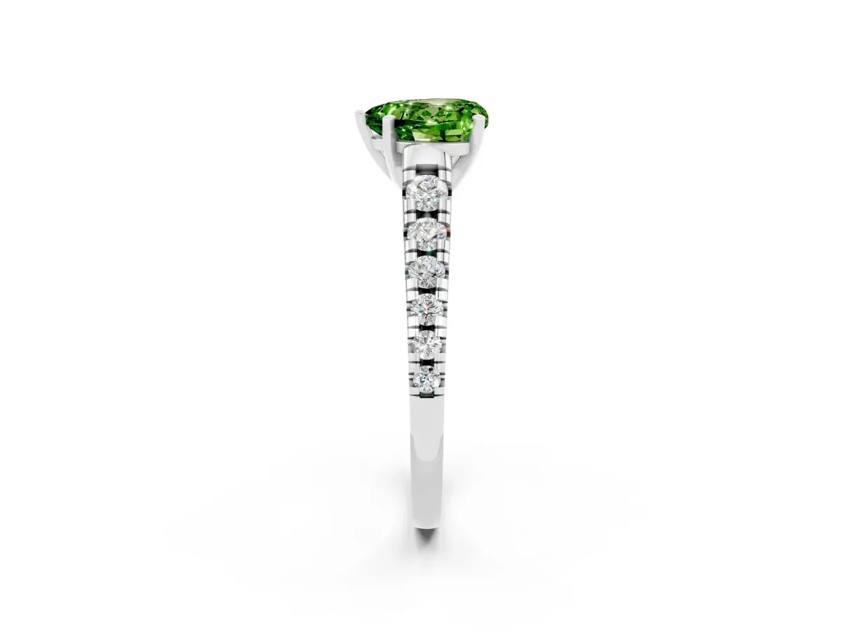 Heart Cut Peridot Cathedral Solitaire Ring with Round Pavé Band White gold
