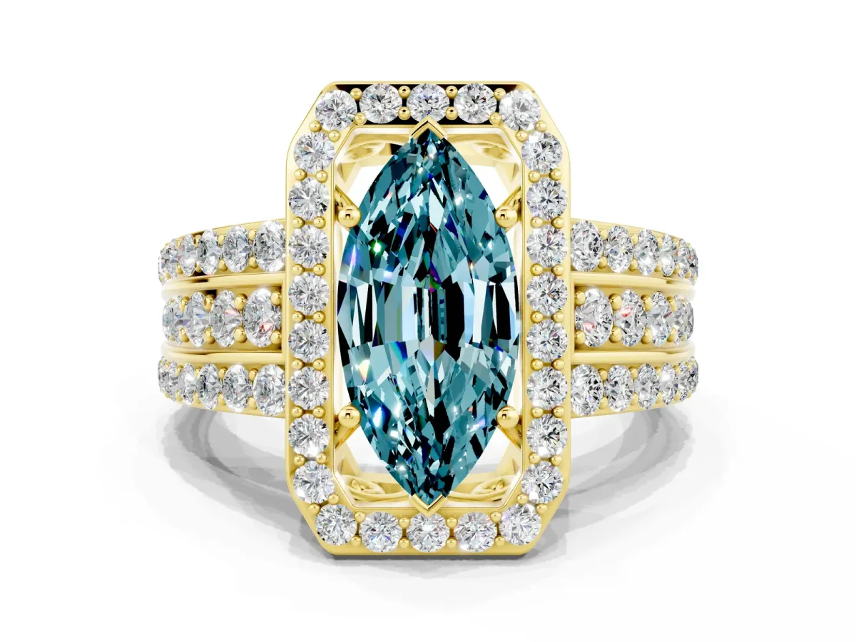 Marquise Cut Halo Blue Topaz Ring with Round Split Shank and Prong Setting Yellow gold