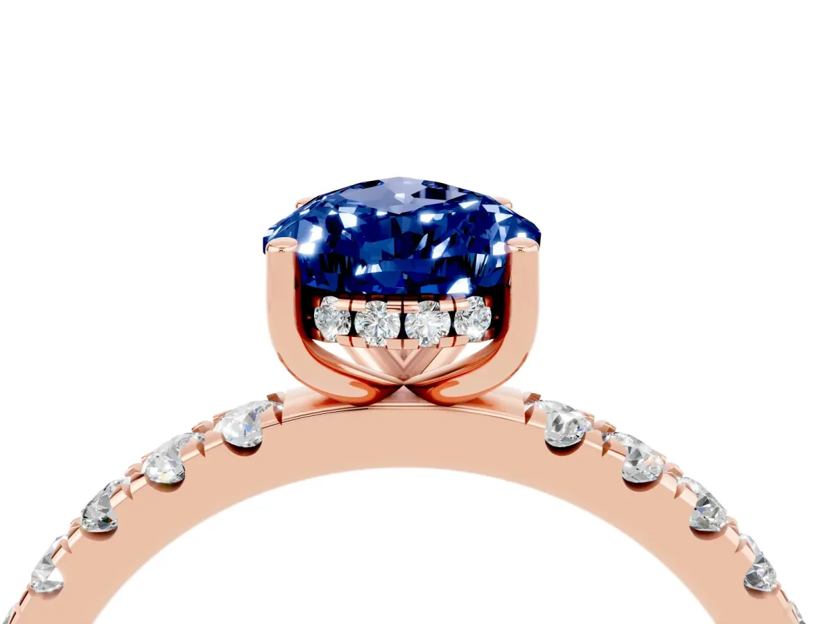 Pear Cut Blue Sapphire Pave Band Solitaire Ring with Round and Prong Setting Rose gold