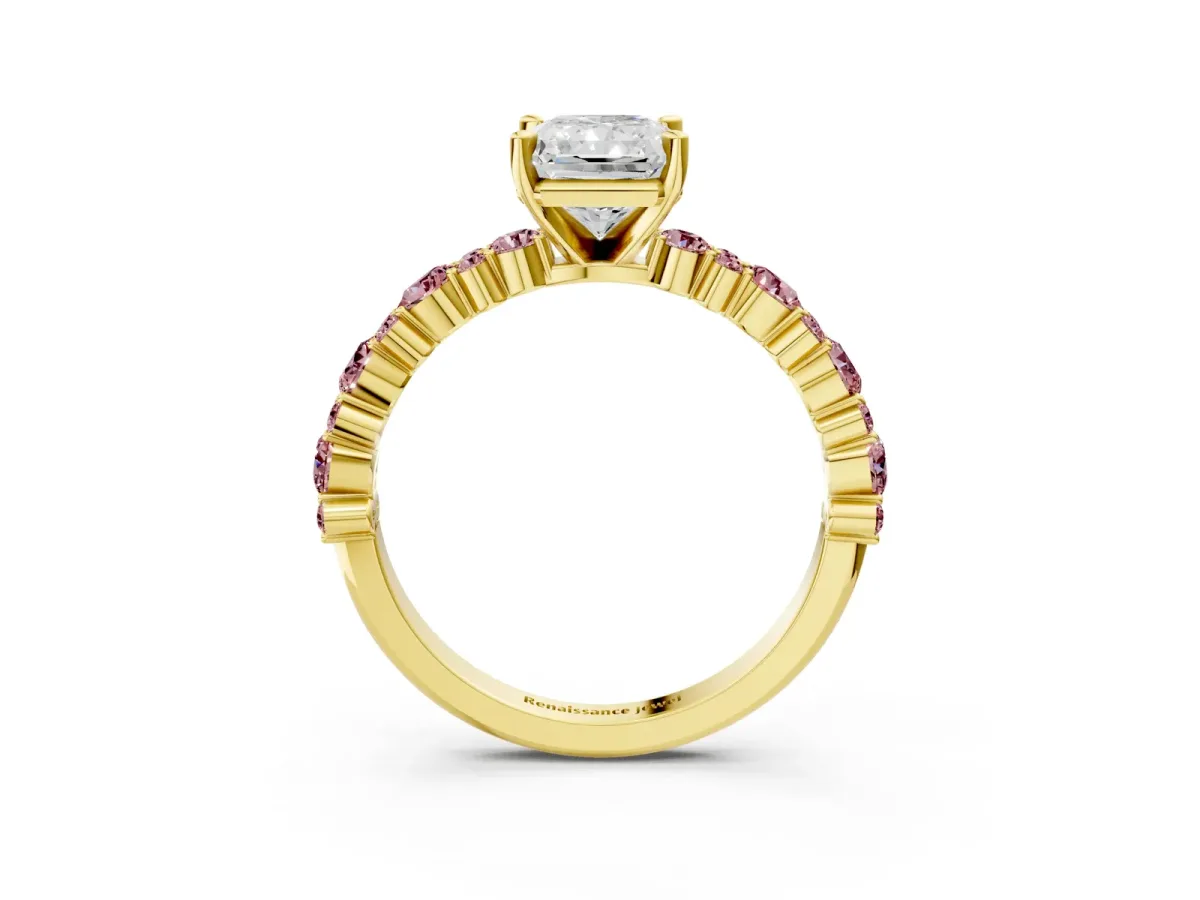 Radiant Cut Diamond Side Stone Solitaire Ring with Round Morganite and Four-Prong Setting Yellow gold