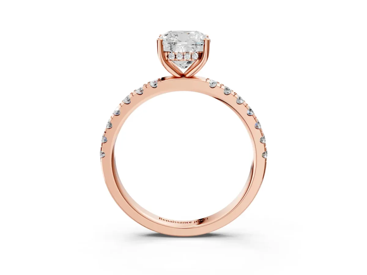 Cushion Cut Diamond Pave Band Solitaire Ring with Round Moissanite and Prong Setting Rose gold