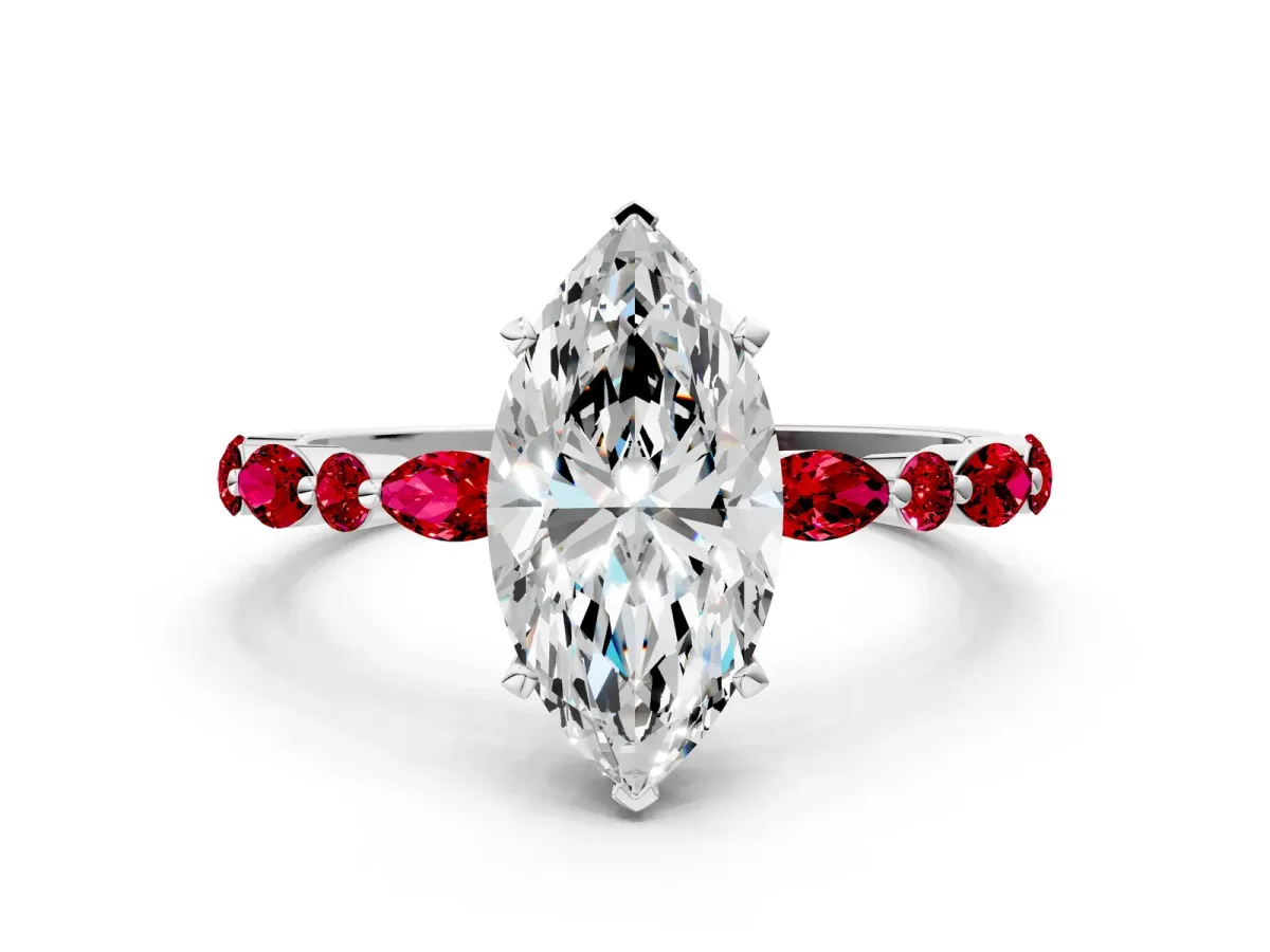 Marquise Cut Diamond Ring with Marquise and Round Ruby Side Stones and Four-Prong Setting White gold