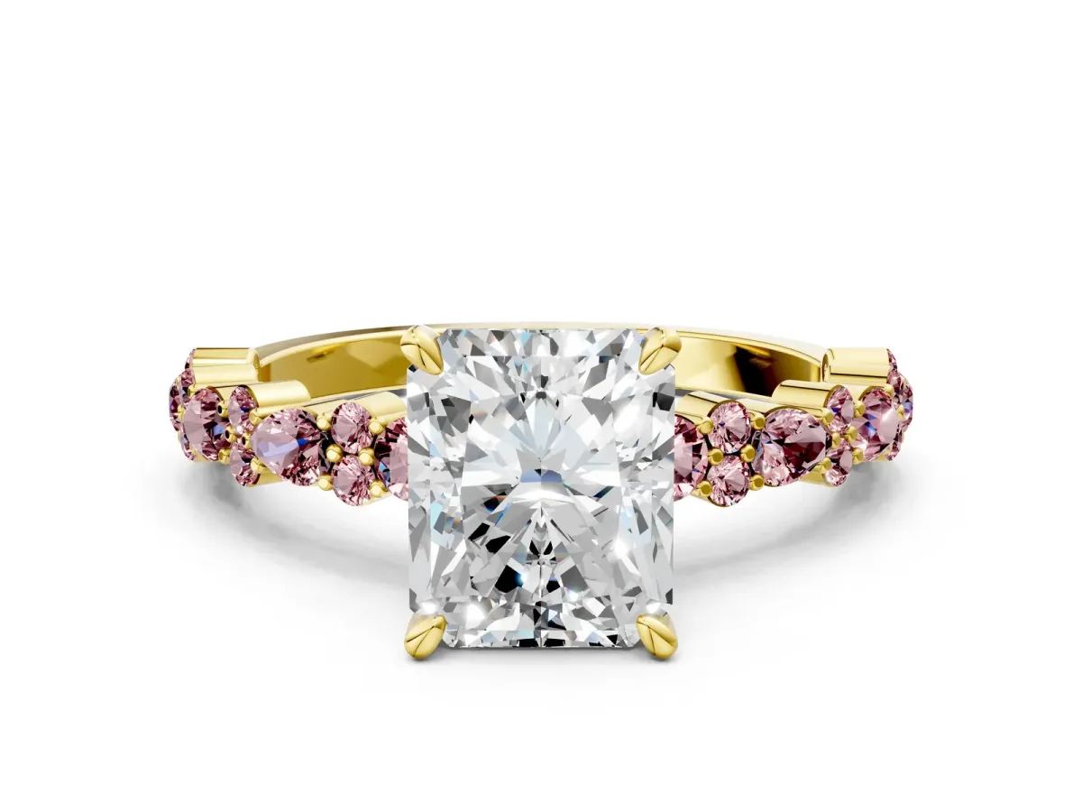 Radiant Cut Diamond Side Stone Solitaire Ring with Round Morganite and Four-Prong Setting Yellow gold