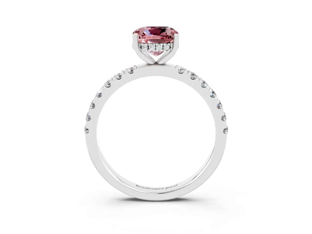 Cushion Cut Morganite Pave Band Solitaire Ring with Round and Prong Setting Platinum