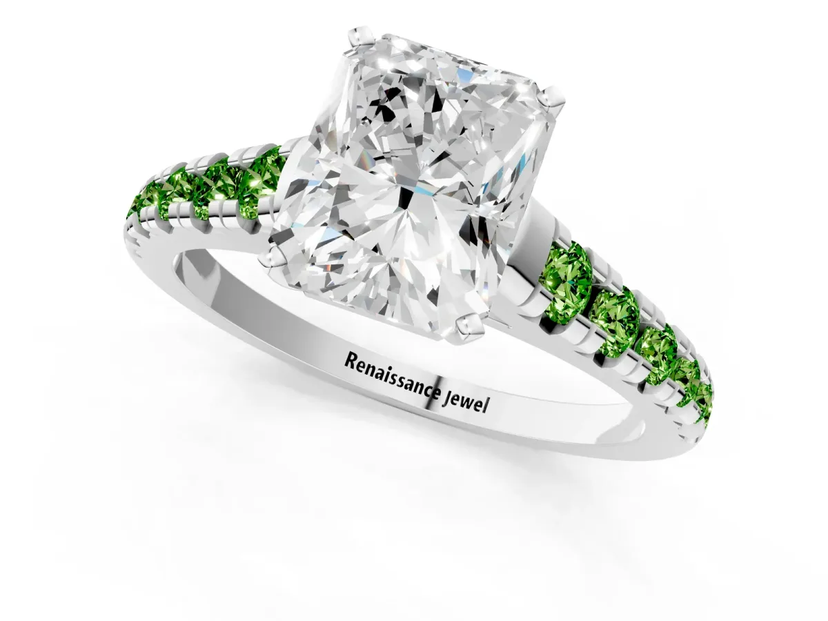 Radiant Cut Diamond Cathedral Solitaire Ring with Round Peridot Pavé Band Platinum