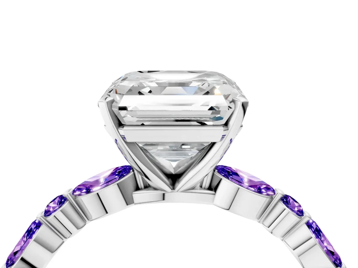 Asscher Cut Diamond Ring with Marquise and Round Tanzanite Side Stones and Four-Prong Setting Silver
