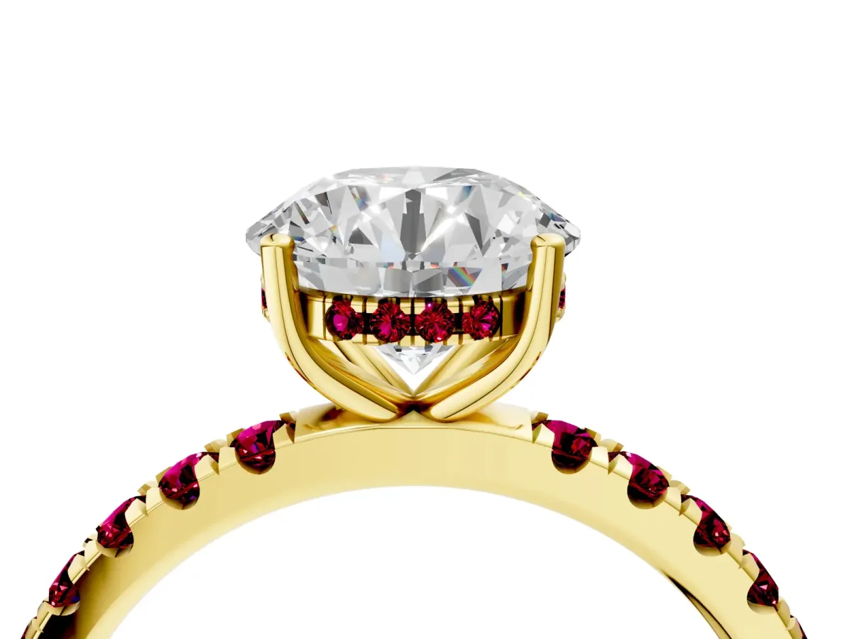 Round Cut Diamond Pave Band Solitaire Ring with Round Garnet and Prong Setting Yellow gold