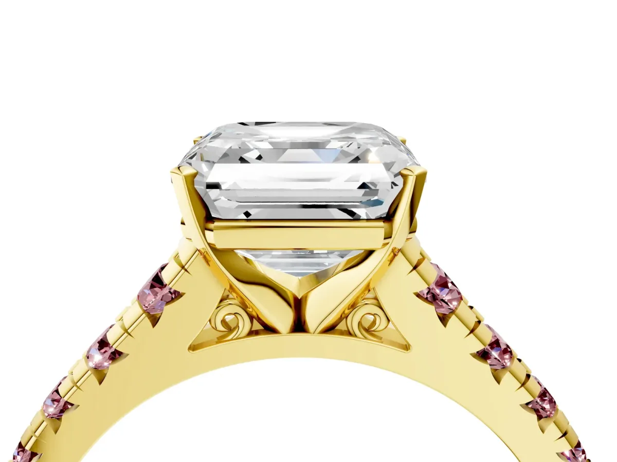 Asscher Cut Diamond Cathedral Solitaire Ring with Round Morganite Pavé Band Yellow gold