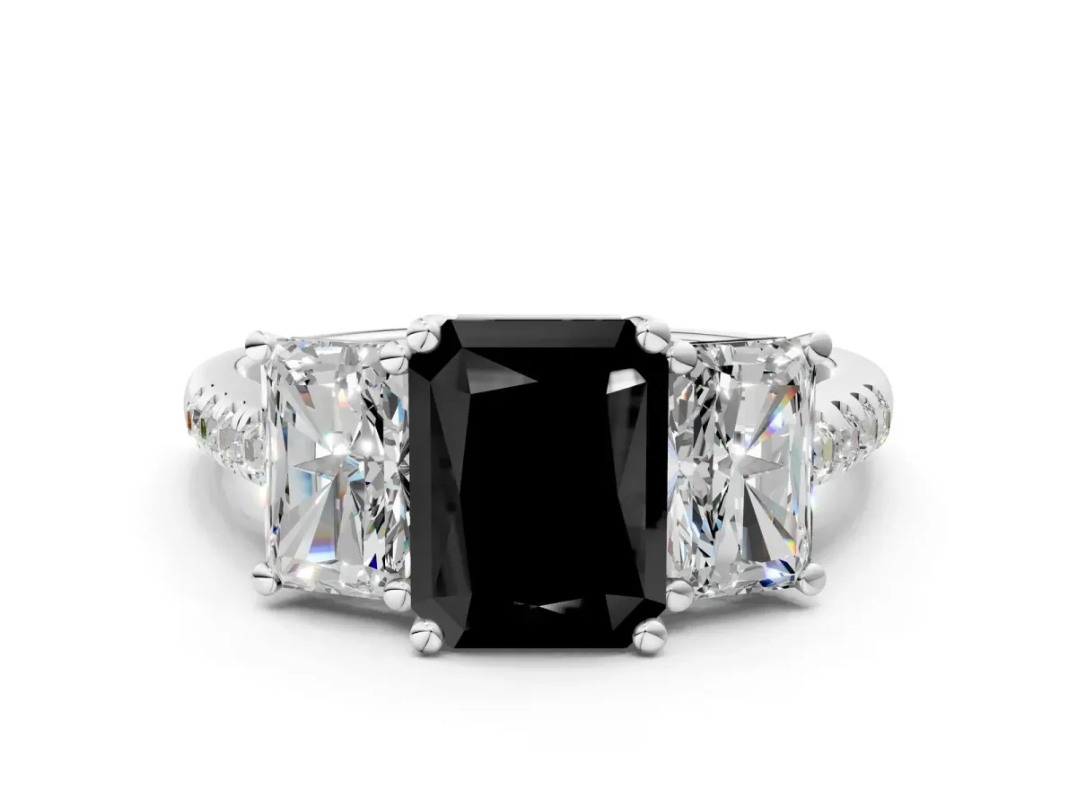 Fancy Black Three-Stone Radiant Cut Diamond Ring with Round Pavé Band and Prong Setting White gold