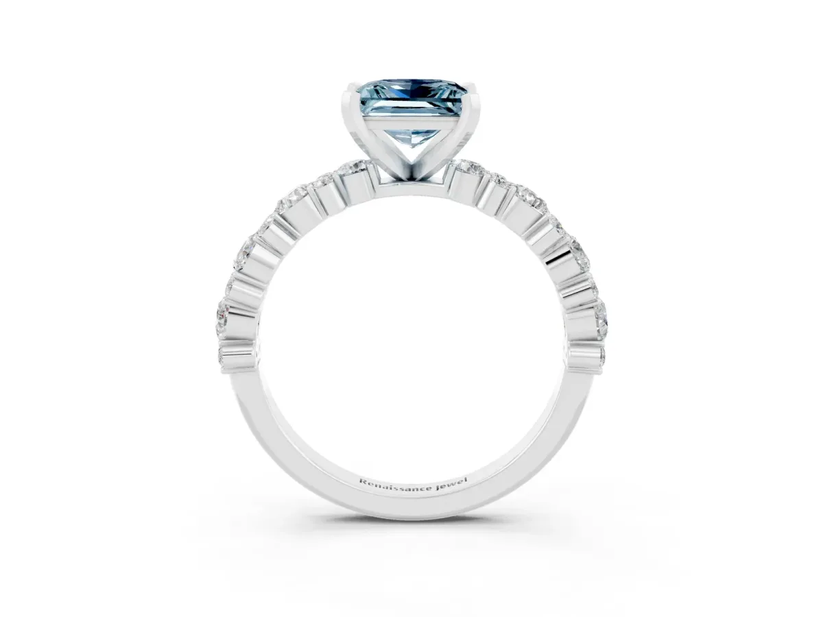 Princess Cut Aquamarine Side Stone Solitaire Ring with Round and Four-Prong Setting Silver