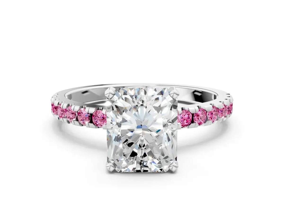 Radiant Cut Diamond Solitaire Ring with Round Pink Sapphire Pavé Band and Four-Prong Setting Silver