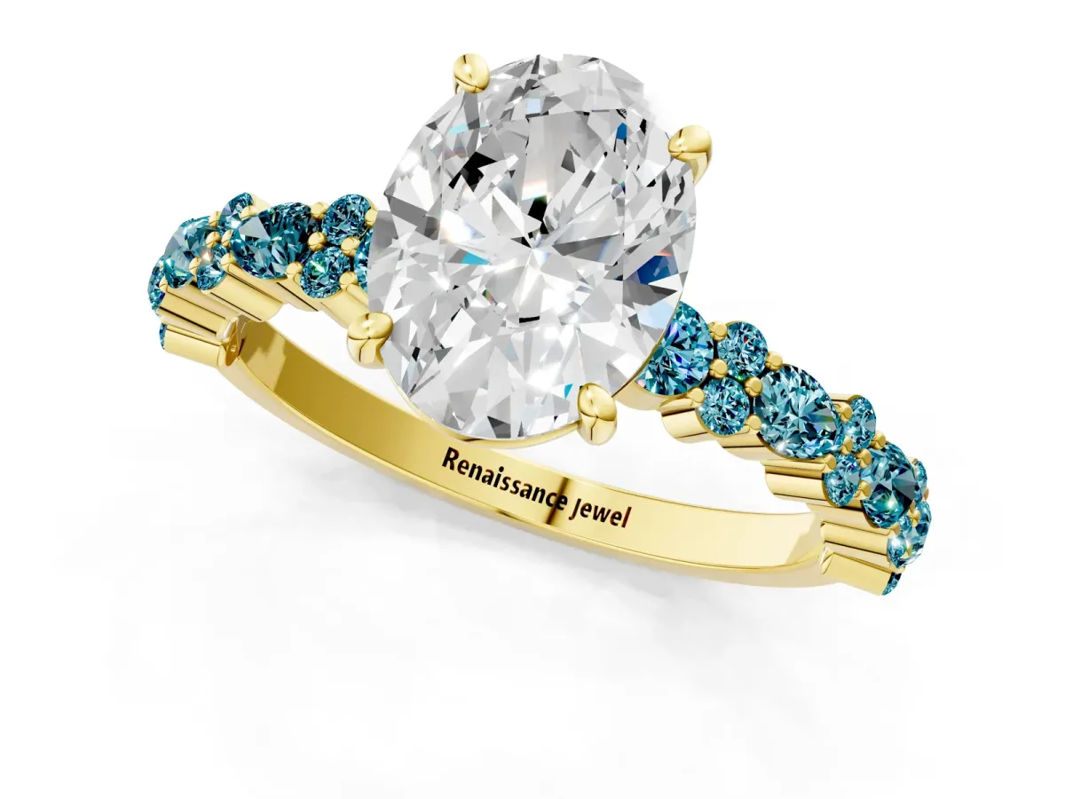 Oval Cut Diamond Side Stone Solitaire Ring with Round Blue Topaz and Four-Prong Setting Yellow gold