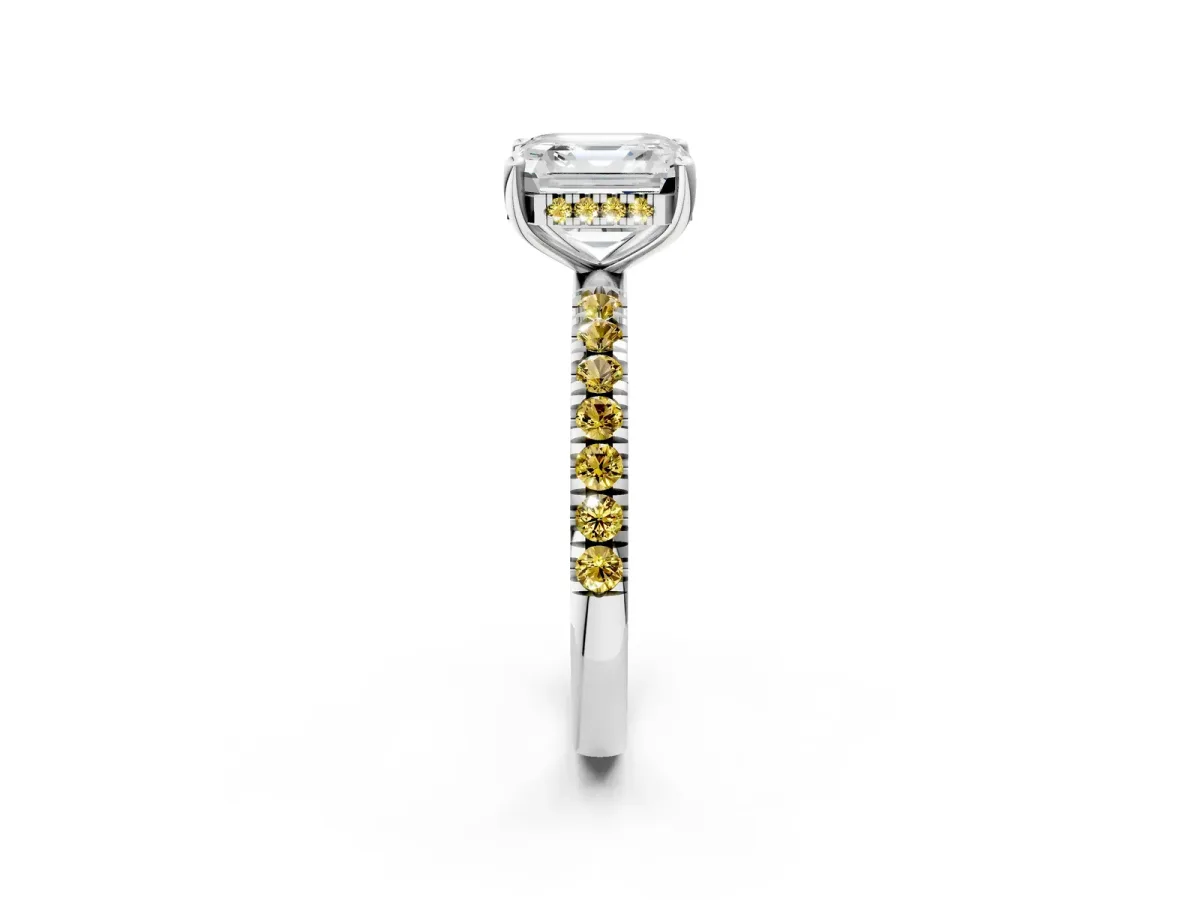 Asscher Cut Diamond Pave Band Solitaire Ring with Round Yellow Sapphire and Prong Setting Platinum