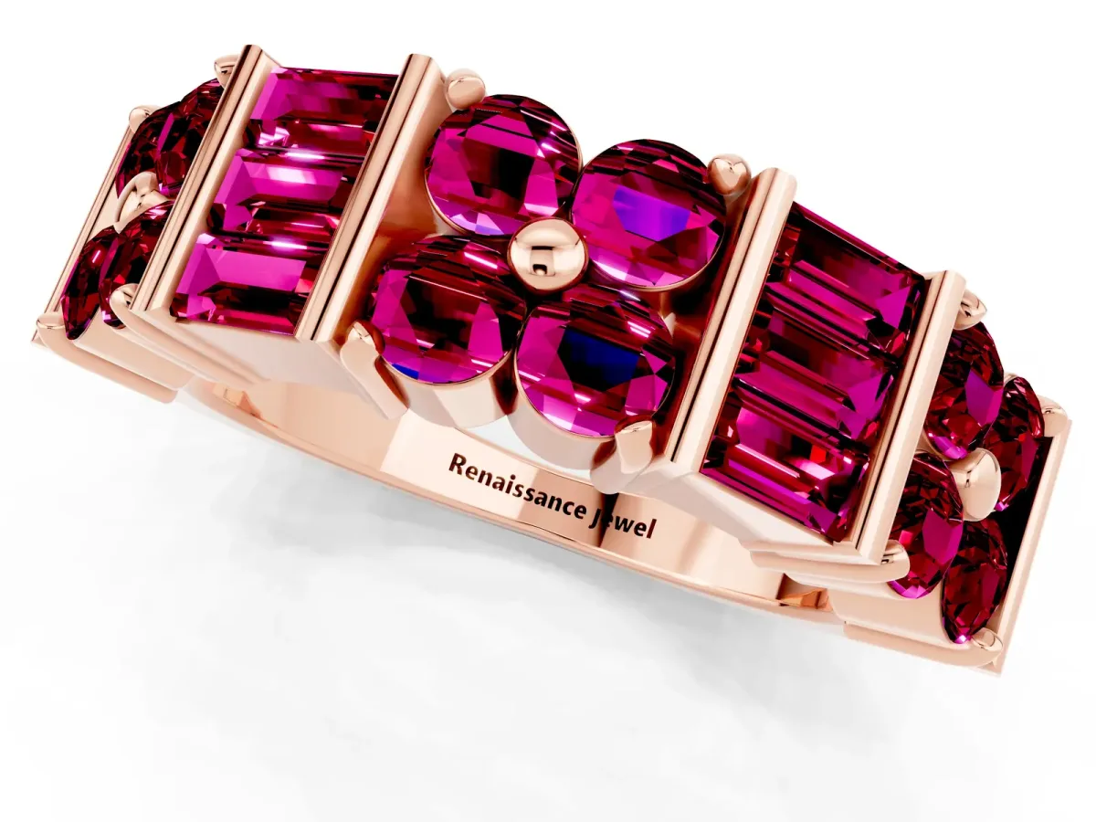 Channel Set Round and Baguette Garnet Anniversary Band with Prong Setting Rose gold
