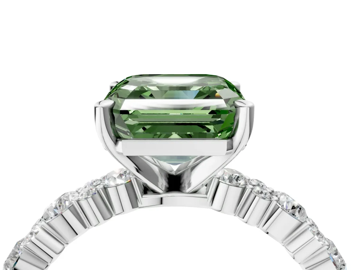 Fancy Green Asscher Cut Diamond Side Stone Solitaire Ring with Round and Four-Prong Setting Platinum