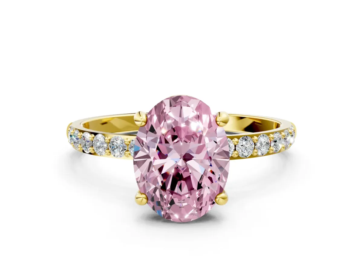 Fancy Pink Oval Cut Diamond Solitaire Ring with Round Pavé Band and Prong Setting Yellow gold