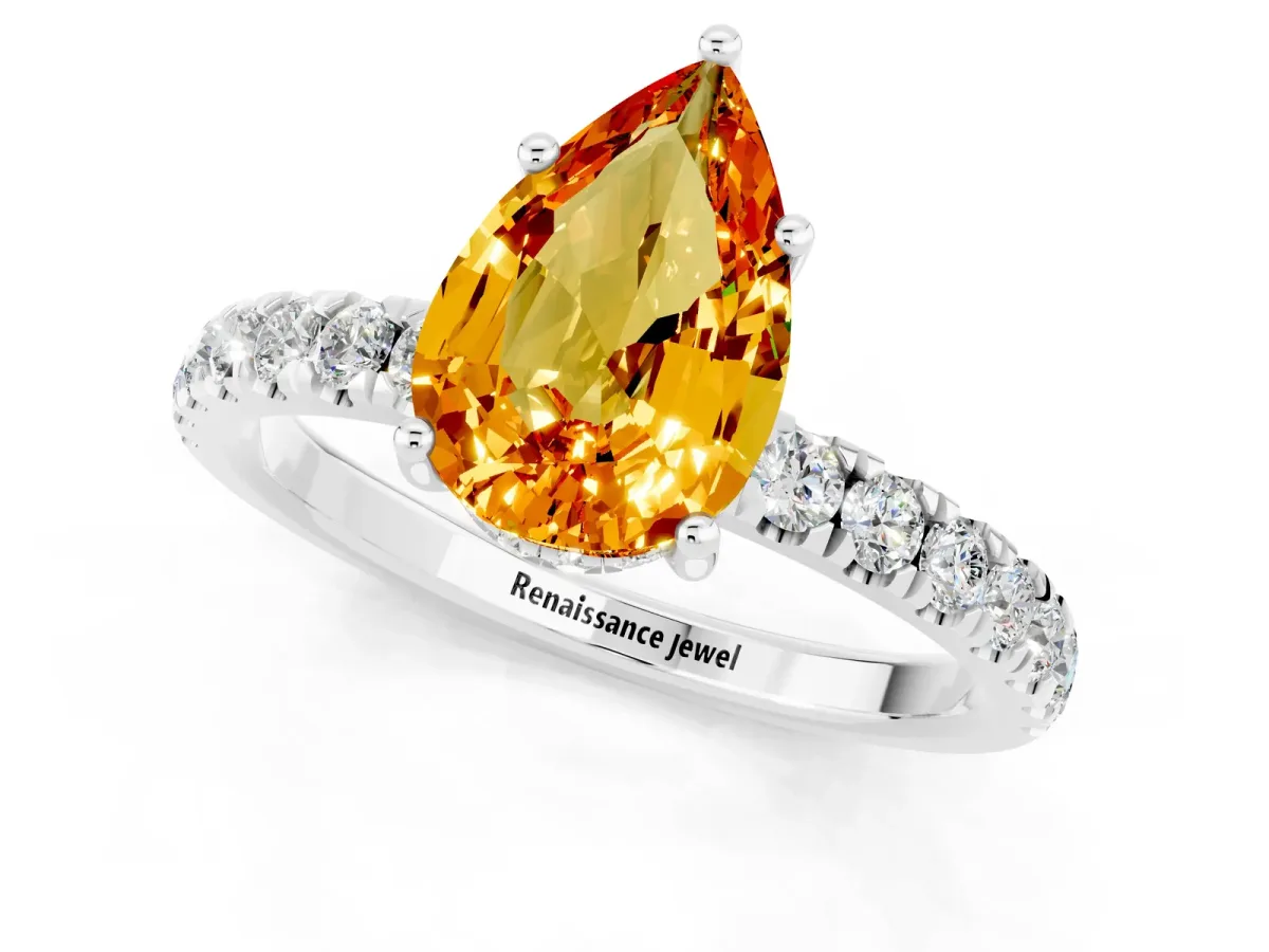 Pear Cut Citrine Pave Band Solitaire Ring with Round and Prong Setting White gold