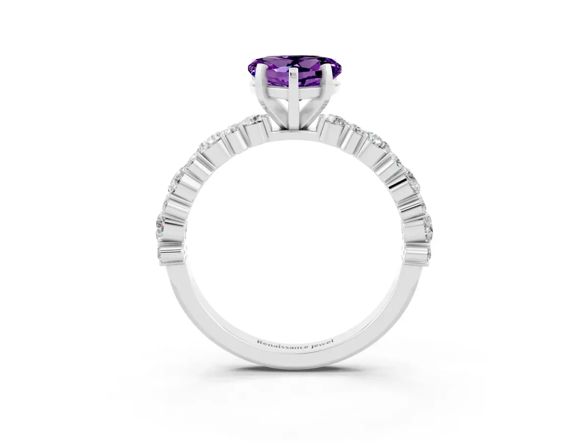Heart Cut Amethyst Side Stone Solitaire Ring with Round and Four-Prong Setting Platinum