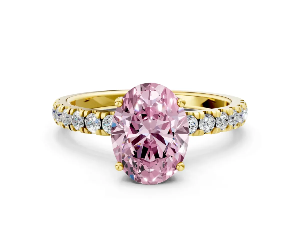Fancy Pink Oval Cut Diamond Pave Band Solitaire Ring with Round and Prong Setting Yellow gold