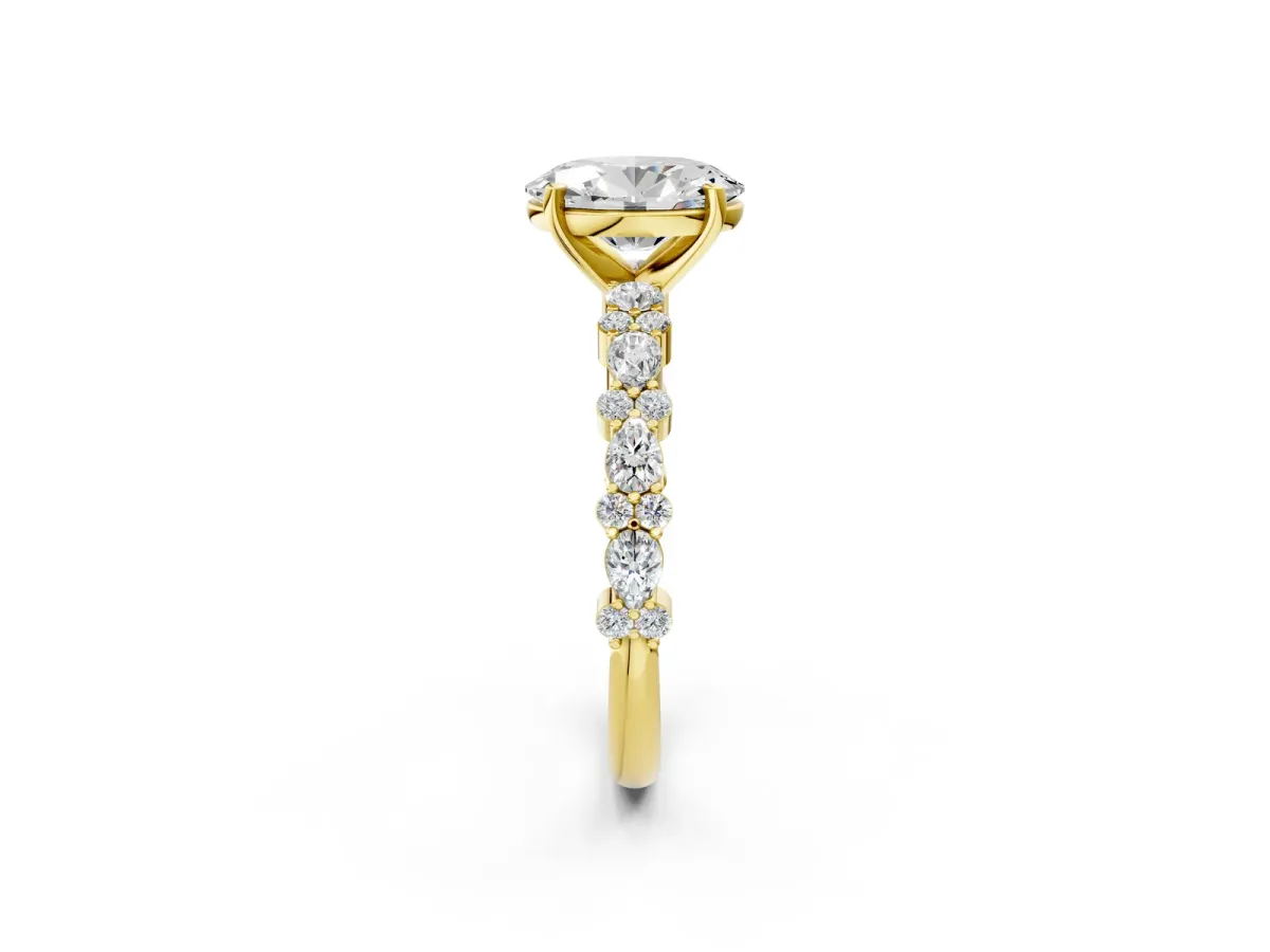 Oval Cut Diamond Side Stone Solitaire Ring with Round Moissanite and Four-Prong Setting Yellow gold