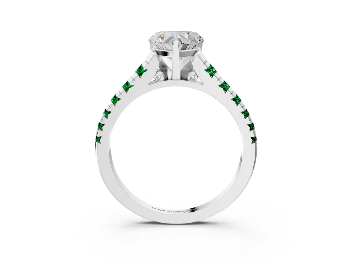 Heart Cut Diamond Cathedral Solitaire Ring with Round Emerald Pavé Band Platinum