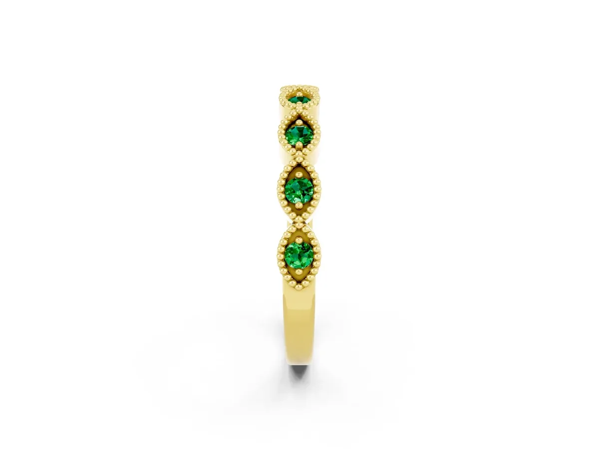 Milgrain Marquise Emerald Half Eternity Band with Bezel Setting Yellow gold