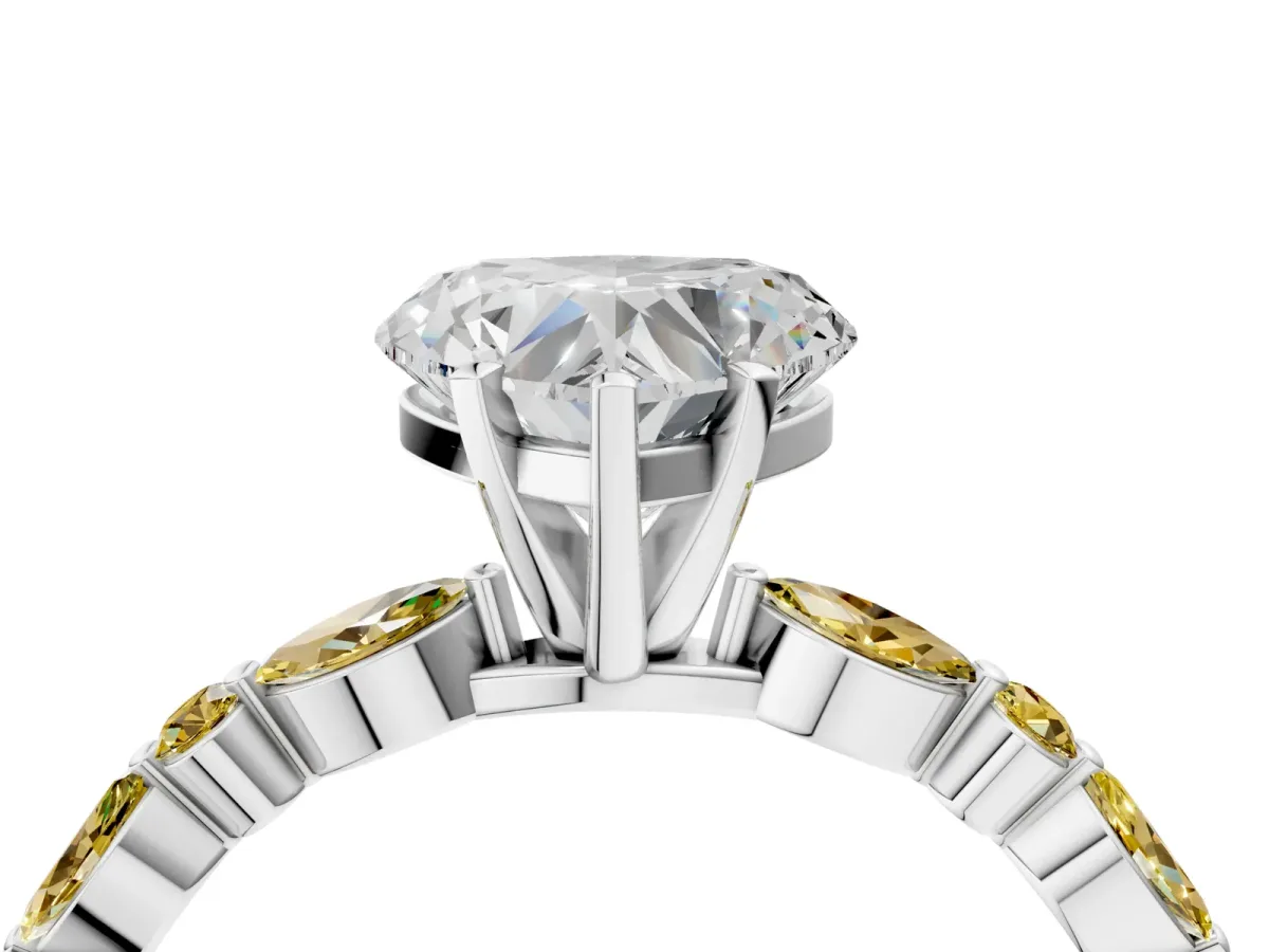 Heart Cut Diamond Ring with Marquise and Round Yellow Sapphire Side Stones and Four-Prong Setting Silver