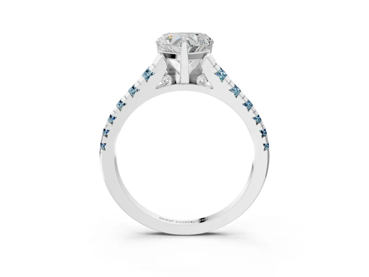 Heart Cut Diamond Cathedral Solitaire Ring with Round Aquamarine Pavé Band Silver
