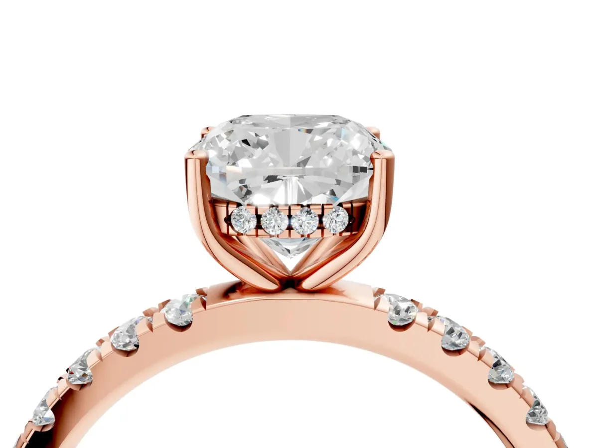 Cushion Cut Diamond Pave Band Solitaire Ring with Round and Prong Setting Rose gold