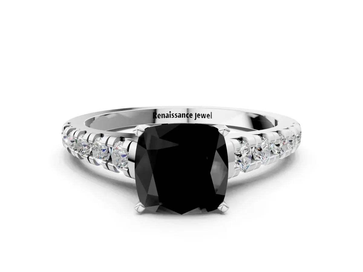 Fancy Black Cushion Cut Diamond Cathedral Solitaire Ring with Round Pavé Band Platinum
