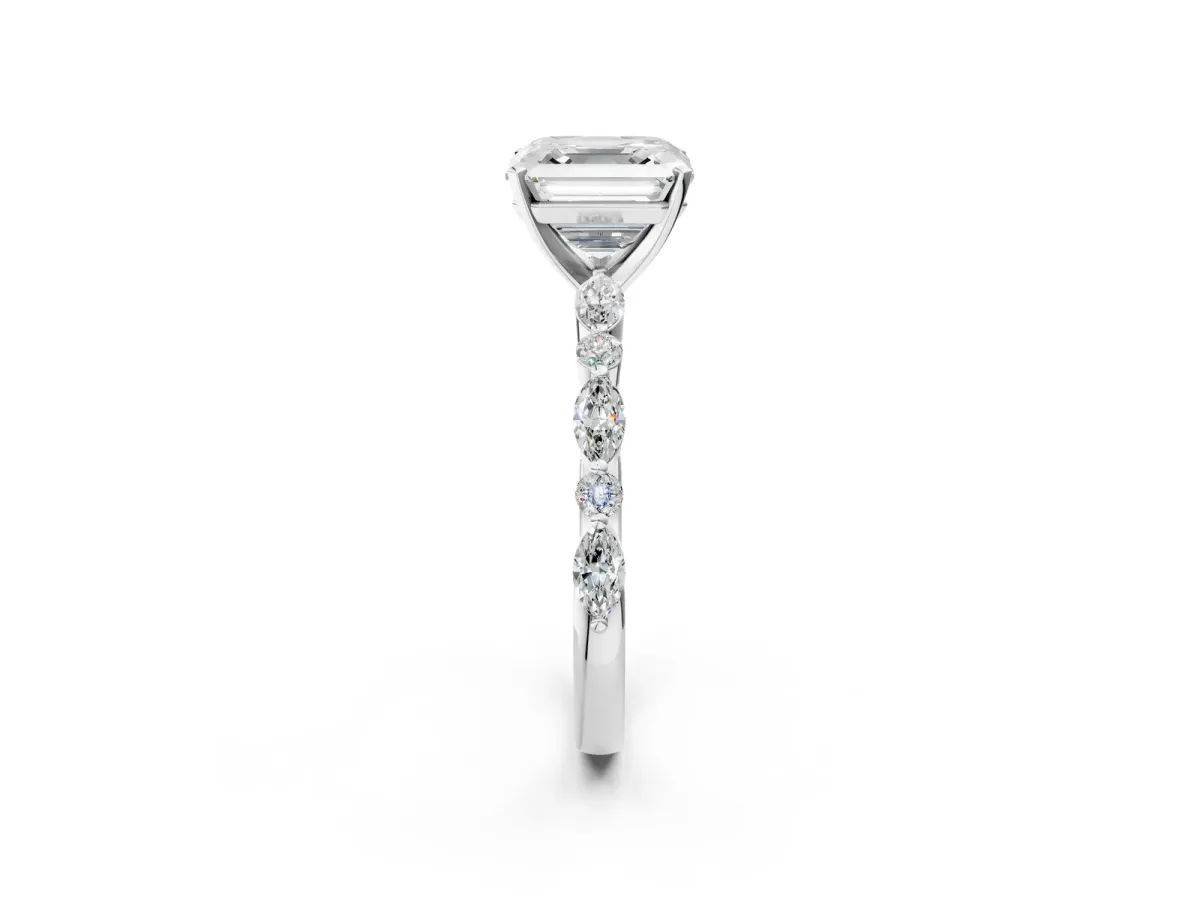 Asscher Cut Diamond Ring with Marquise and Round Moissanite Side Stones and Four-Prong Setting Silver