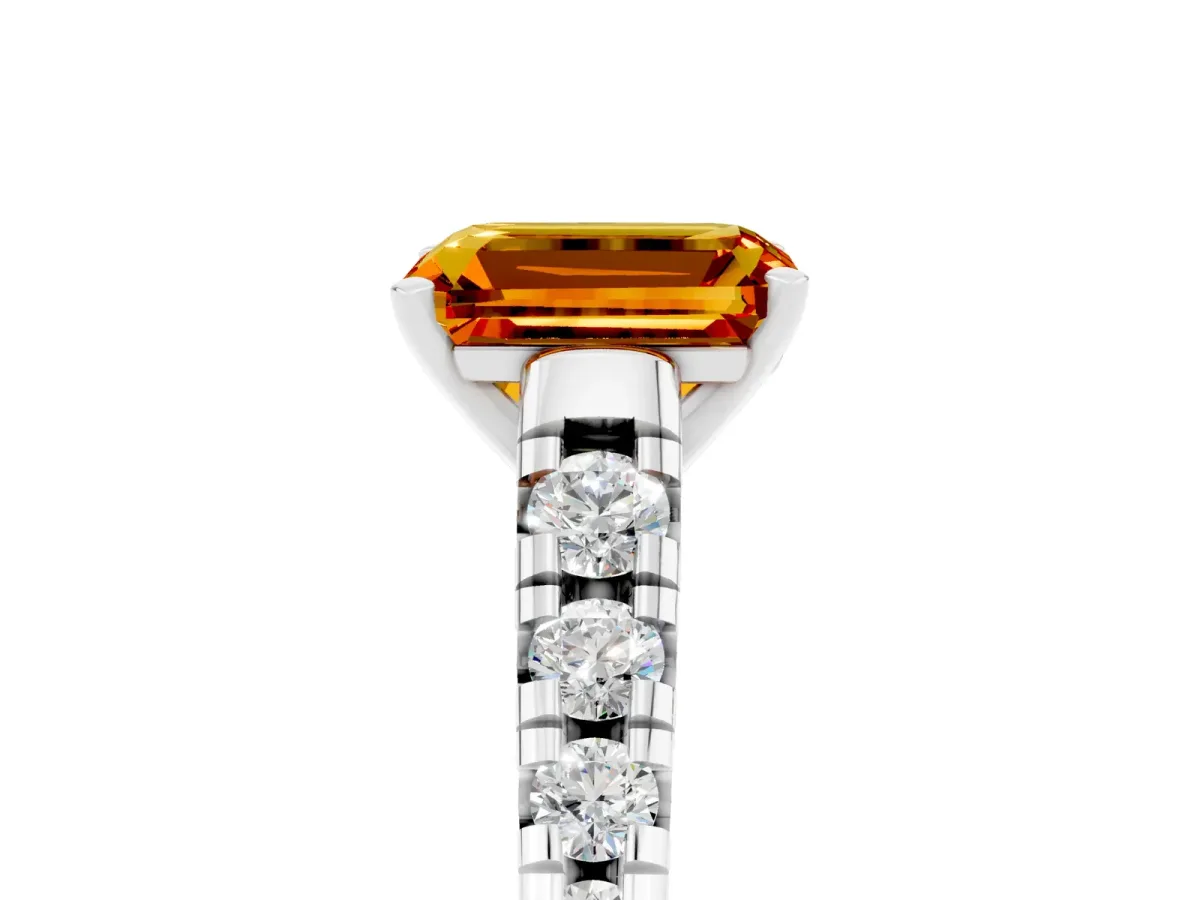 Emerald Cut Citrine Cathedral Solitaire Ring with Round Pavé Band White gold
