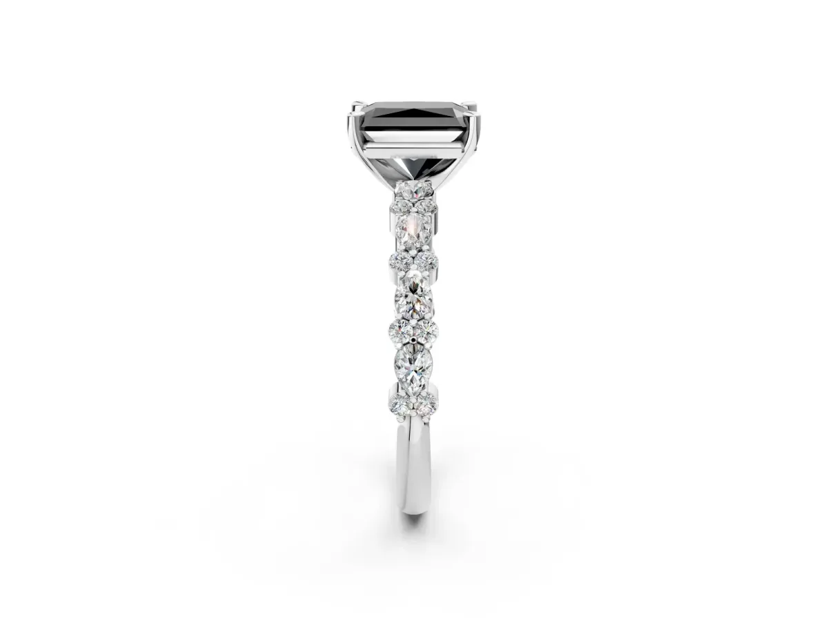 Fancy Black Radiant Cut Diamond Side Stone Solitaire Ring with Round and Four-Prong Setting Platinum