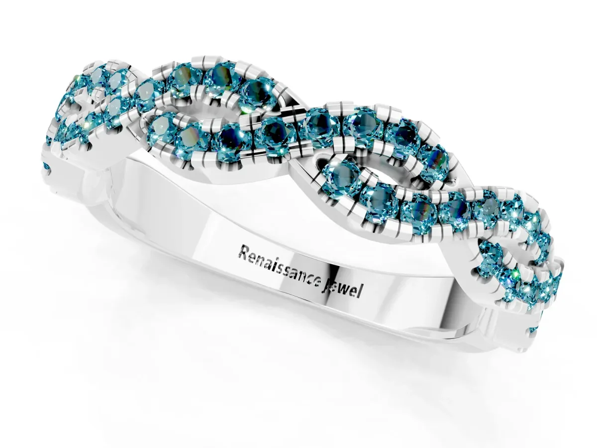 Round Blue Topaz Twisted Eternity Band with Pavé and Shared Prong Setting White gold