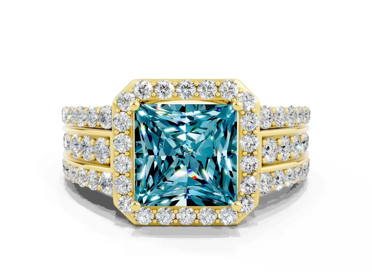 Princess Cut Halo Blue Topaz Ring with Round Split Shank and Prong Setting Yellow gold
